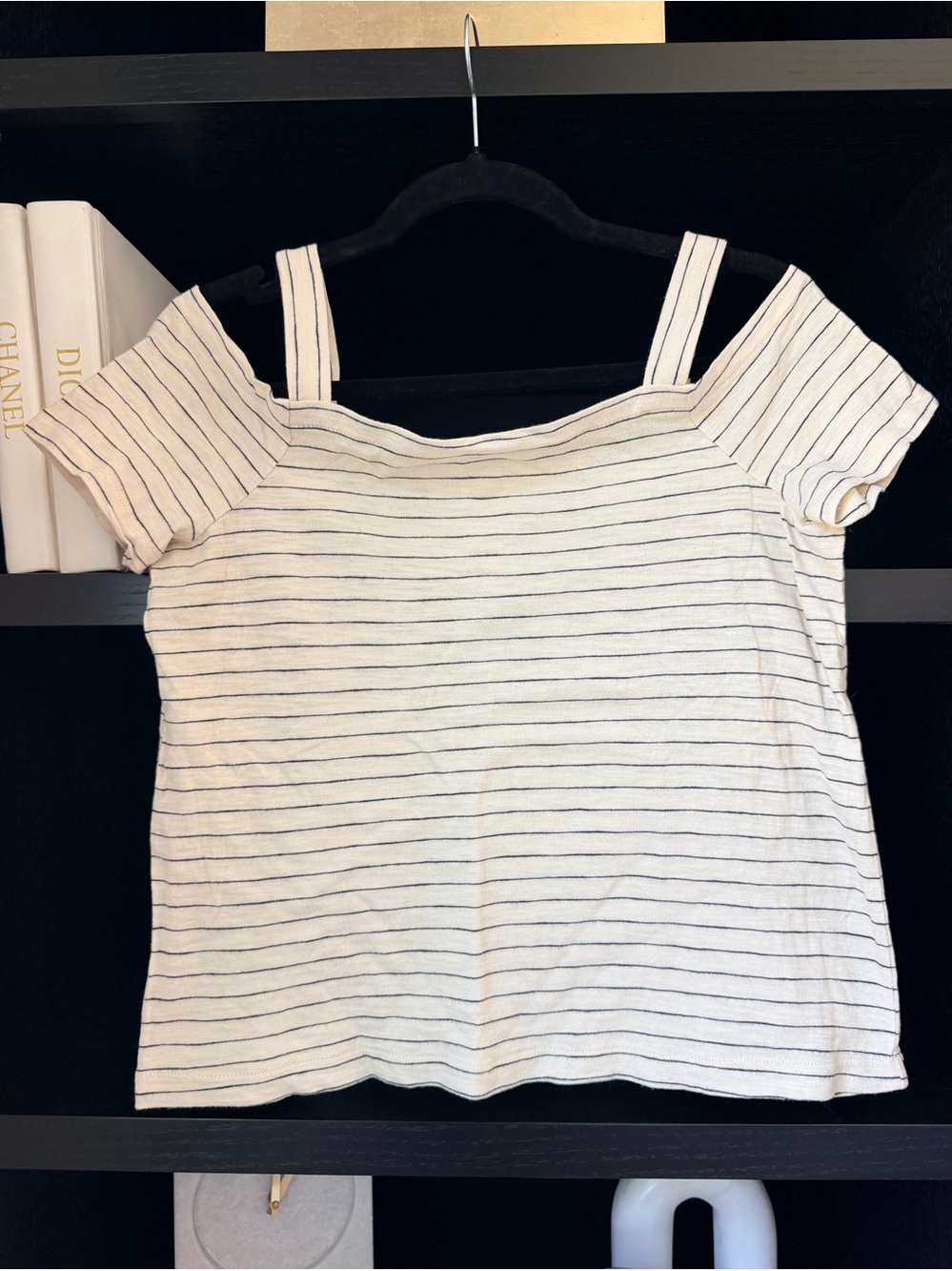 Madewell Natural with Black Pinstripes Off Shoulder Tee Size Small